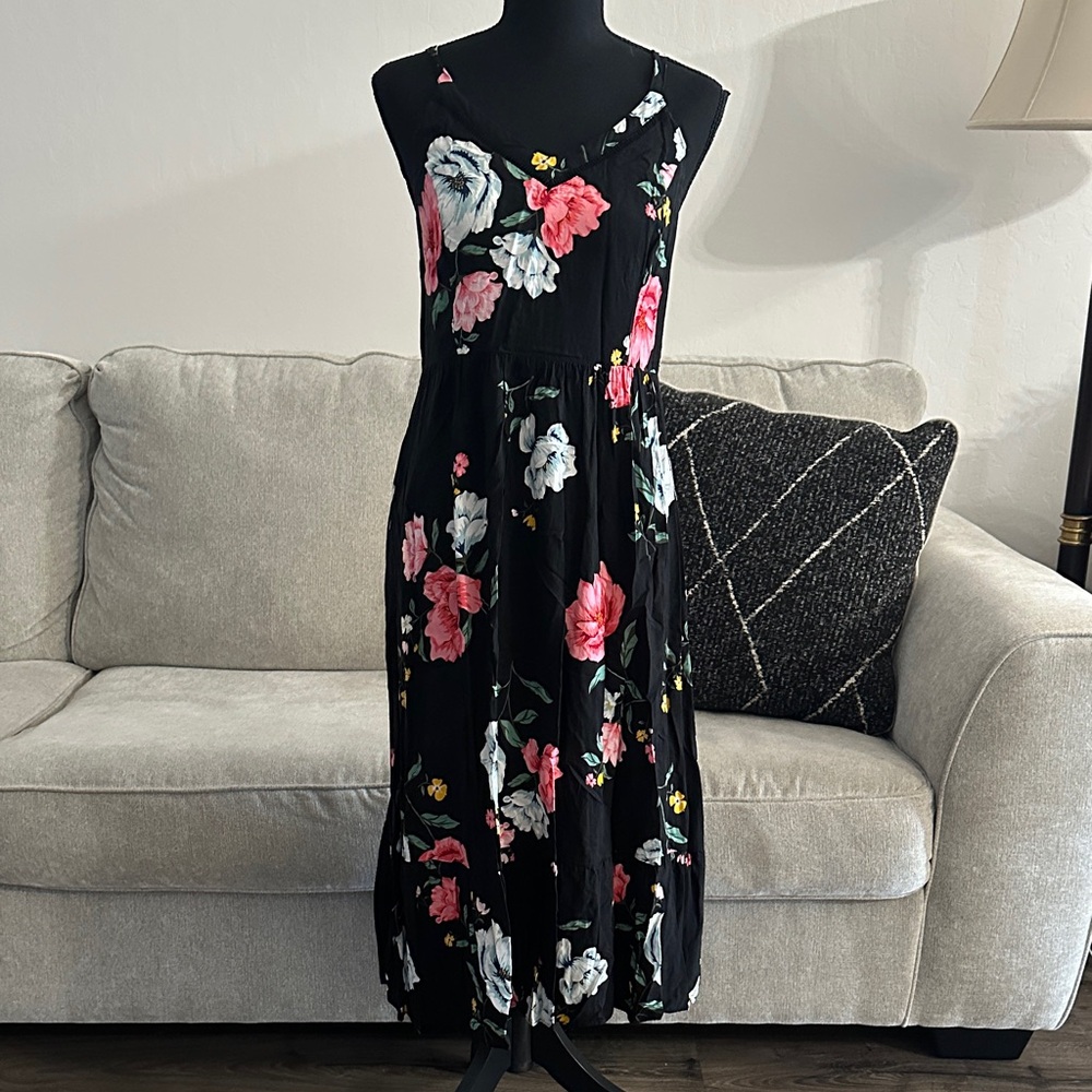 Old Navy Black Midi Dress with Pink & White Floral Print